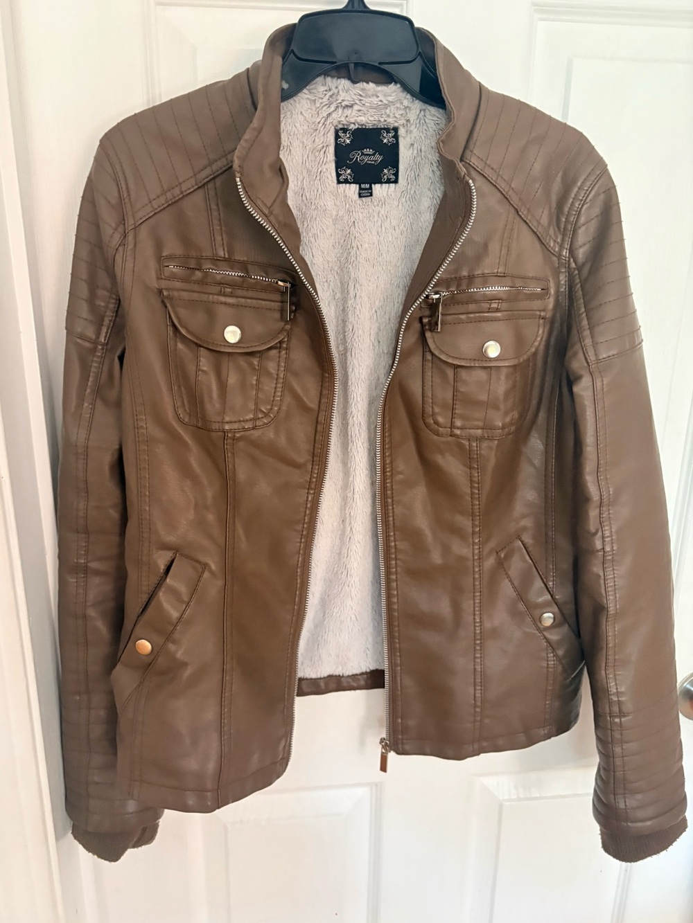 Women's Brown Faux Leather Jacket with Sherpa Lining